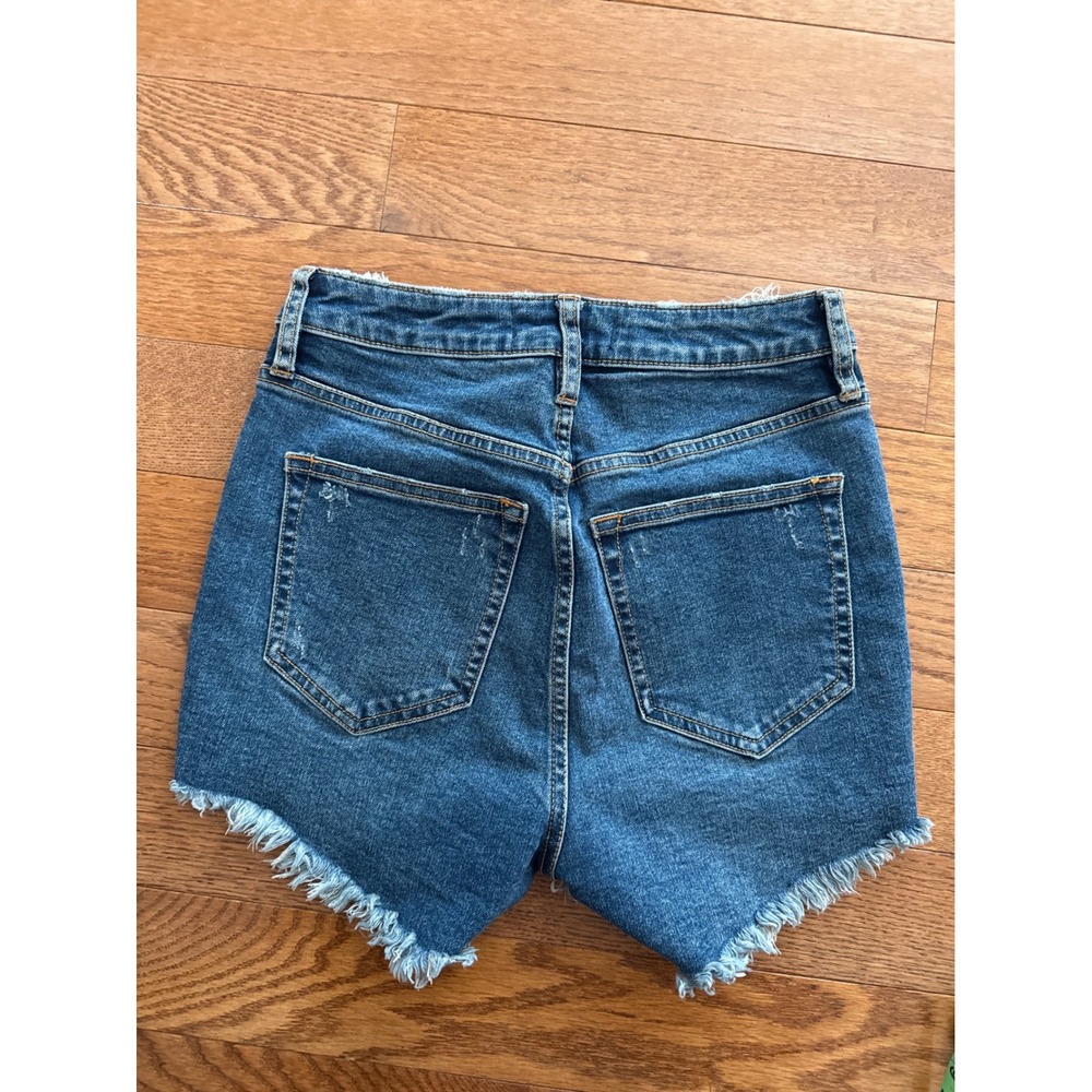 We The Free Free People High Rise Distressed Denim Shorts Button Fly Blue Sz 25 - Picture 5 of 7